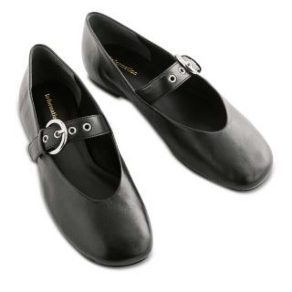 Reformation Bethany Black Leather Flats with Silver Buckle